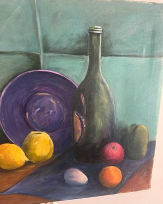 Natura morta con bottiglia e frutta