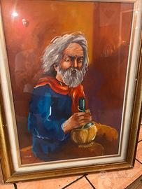 Dipinto d’epoca ritratto anziano con fiasco d’asti