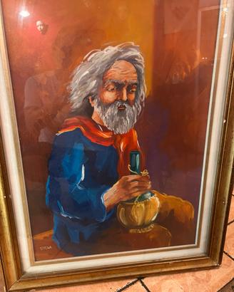 Dipinto d’epoca ritratto anziano con fiasco d’asti
