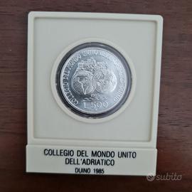 Moneta 500 Lire Argento "Collegio Mondo Unito" '85