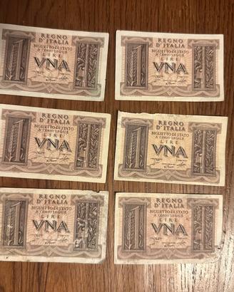 Una lira cartamoneta lotto 6 pezzi