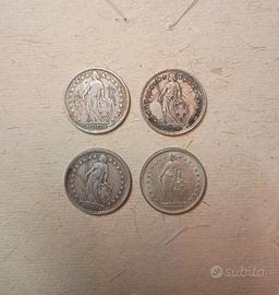 Lotto 4 Monete Svizzera 2 Franchi Argento