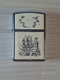 accendino zippo vintage bianco con nave e faro