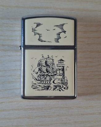 accendino zippo vintage bianco con nave e faro