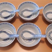 Porcellana cinese bianca/blu ciotole con cucchiai