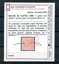 1858 NAPOLI 1/2 GRANA ROSA CHIARO NUOVO MH* CERTIF