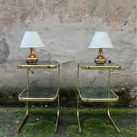 Coppia di Abat-jour in oro e paralume in tessuto