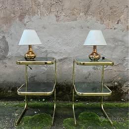 Coppia di Abat-jour in oro e paralume in tessuto