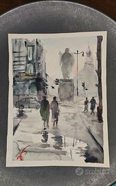 Dipinto ad acquerello - Scorcio urbano con figure
