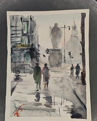 Dipinto ad acquerello - Scorcio urbano con figure