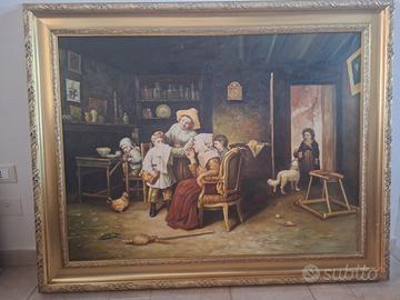 quadro antico dipinto a olio, scena familiare