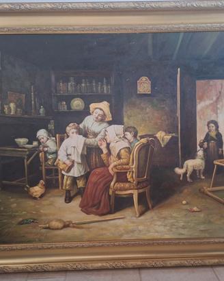 quadro antico dipinto a olio, scena familiare