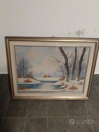 Quadro casa sul lago innevato