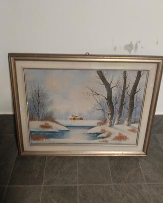 Quadro casa sul lago innevato