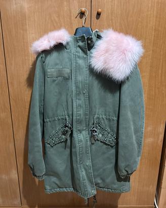 Parka Militare Verde Donna con Pelo Rosa