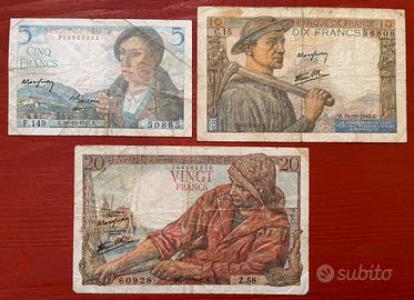 Francia France lotto 3 banconote 5 10 20 franchi