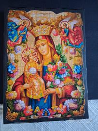Quadro legno  icona religiosa Madonna  bambino