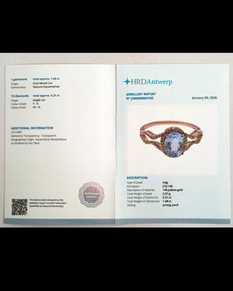 Anello Acquamarina 1,68 ct HRD Oro 14K