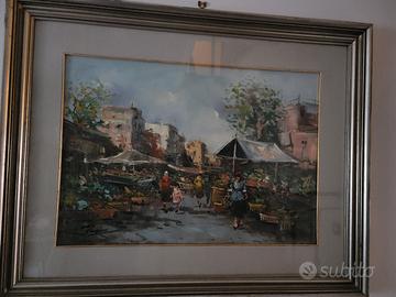 Dipinto di mercato di una città d'epoca cm.97x77