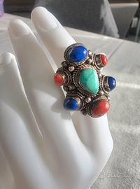 Anello Tibetano in Argento 925 con Turchese, Lapis