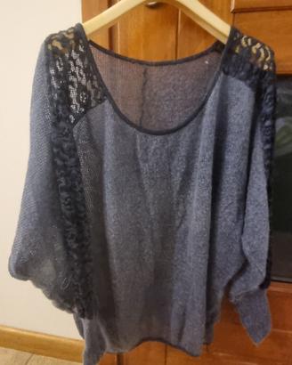 Maglia azzurrina/blu donna con parti in pizzo