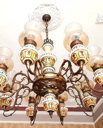 3 lampadari in ceramica dipinta a mano e ottone