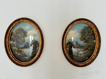 Due quadri firmati olio su rame cornici intarsiate