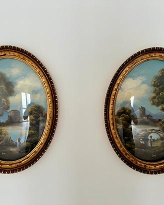 Due quadri firmati olio su rame cornici intarsiate