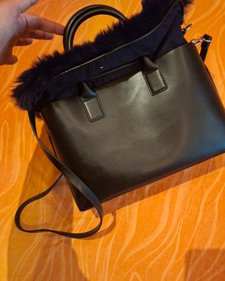 Borsa pelle nera e finto pelo