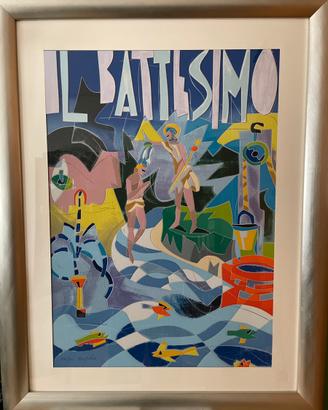 Ugo Nespolo serigrafia firmata Il Battesimo