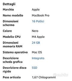 MacBook Pro 2024 M4Pro..caratteristiche in foto