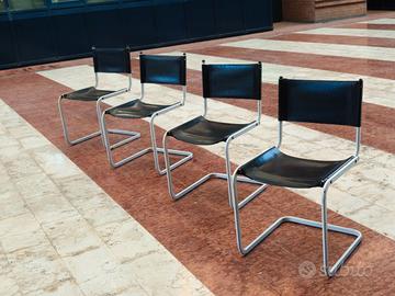 SET 4 SEDIE ANNI '70 PELLE NERA, METALLO BIANCO