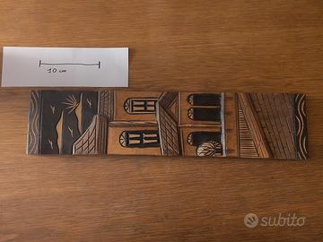 Pannello legno intagliato paesaggio urbano vintage