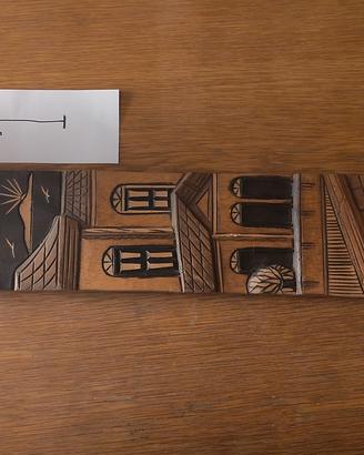 Pannello legno intagliato paesaggio urbano vintage