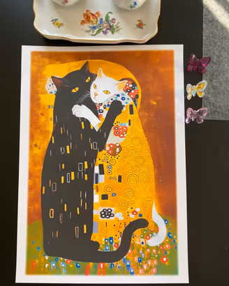 Poster stampa klimt il bacio gatto nero quadro