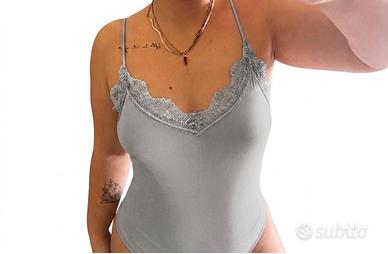 Body donna grigio perla con dettagli in pizzo