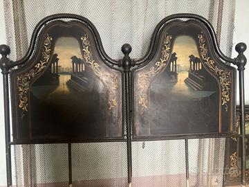 Testiera letto ferro battuto pittura e intarsi