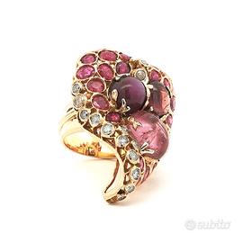 Anello vintage con rubini, diamanti e tormaline