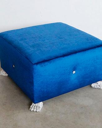 Pouf artigianale luxury blu velluto foglia argento