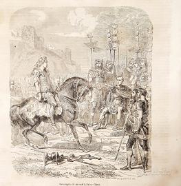Stampa antica 1865 Giulio CESARE e VERCINGETORIGE 