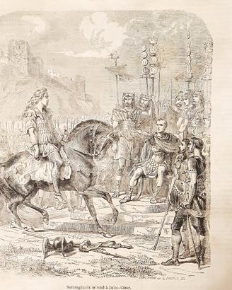 Stampa antica 1865 Giulio CESARE e VERCINGETORIGE 