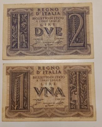 13#. Banconote 1 e 2 Lire.