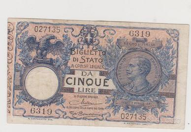 BANCONOTA 5 LIRE VITTORIO EMANUELE III° rara  6319