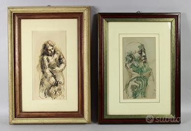 Coppia di quadri a china acquerellata