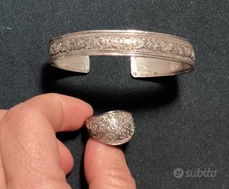 Bracciale rigido + anello vintage argento inciso