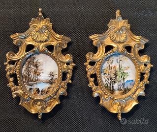 Coppia miniature dipinte porcellana cornici bronzo