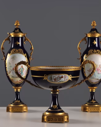 Trittico di Vasi in Porcellana e Bronzo Dorato