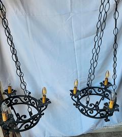 Coppia di Lampadari Vintage in Ferro Battuto