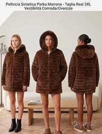 Pelliccia ecologica marrone con cappuccio (Taglia 