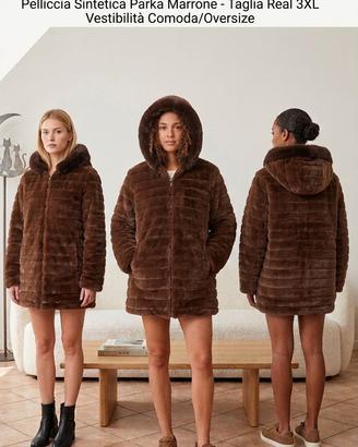 Pelliccia ecologica marrone con cappuccio (Taglia 